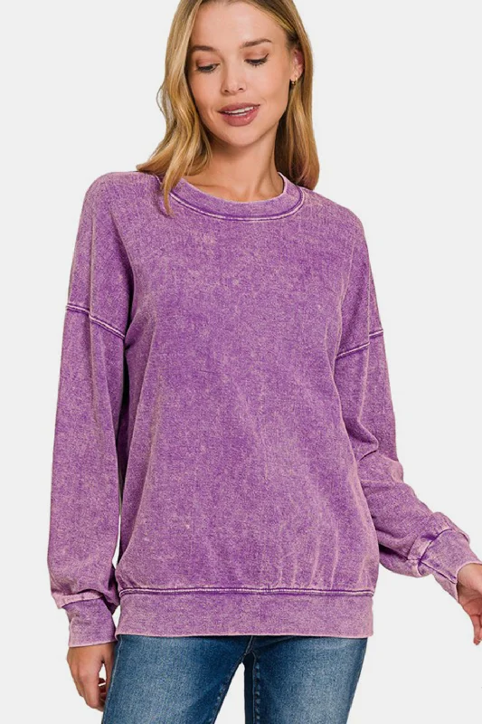 Zenana Washed Round Neck Dropped Shoulder Sweatshirt Hoodie with Logo Branding Identity